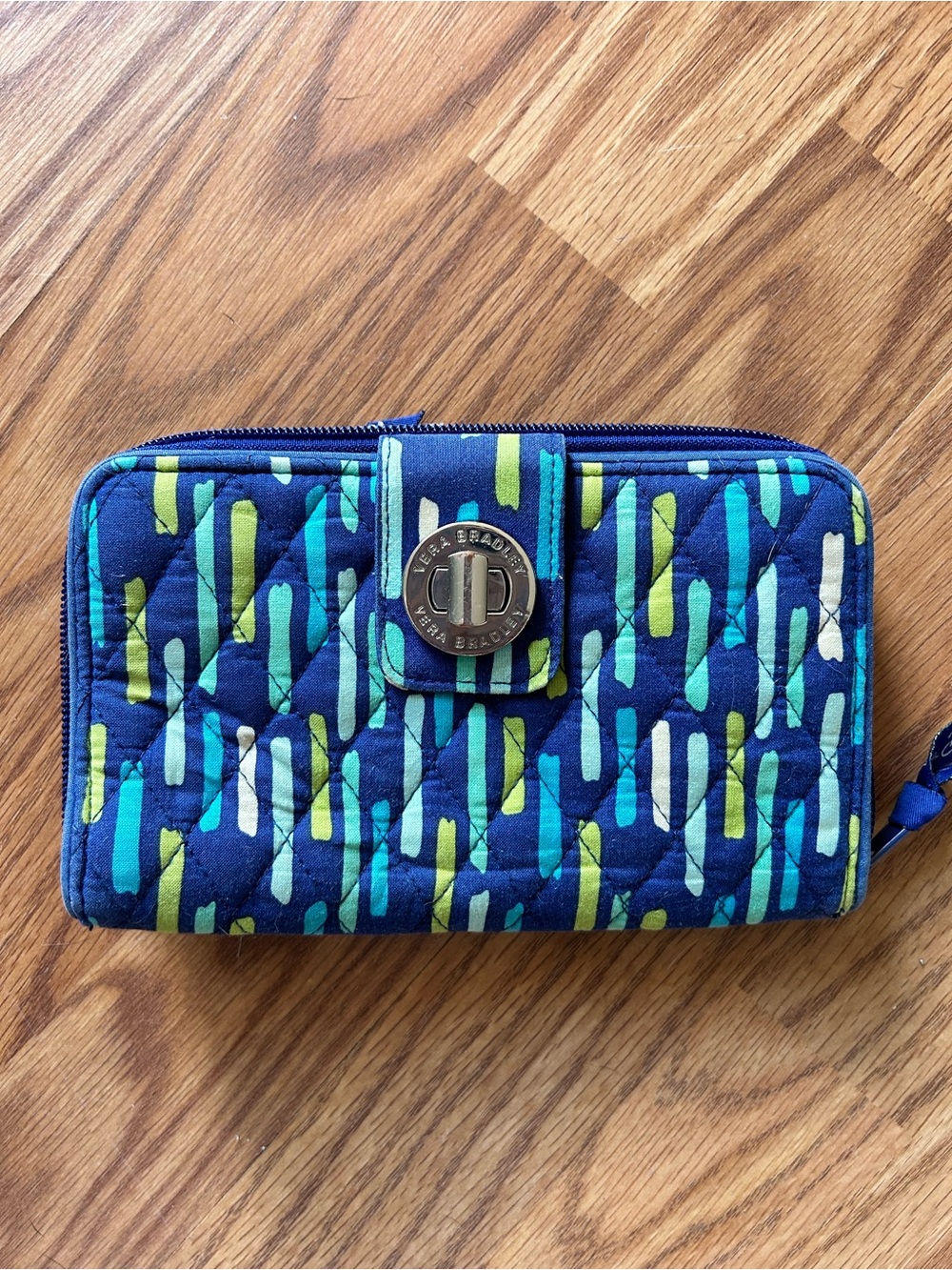 Vera Bradley Quilted Navy Wallet with Blue & Lime Stripe Motif